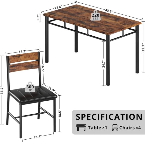 IRONCK Dining Table Set for 4, Wood Kitchen Table with Upholstered Chairs Dinning Table Set for Kitchen & Dining Room, Compact Dining Set for Small Spaces, Rustic Brown - Image 2