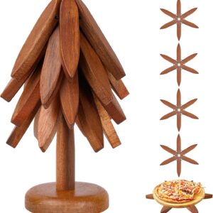 Tree Trivet Set - Foldable Wooden Tree Trivets for Hot Dishes, Set of 4 Heat-Resistant Coasters with Stand, Decorative Wooden Trivet Tree for Kitchen and Dining