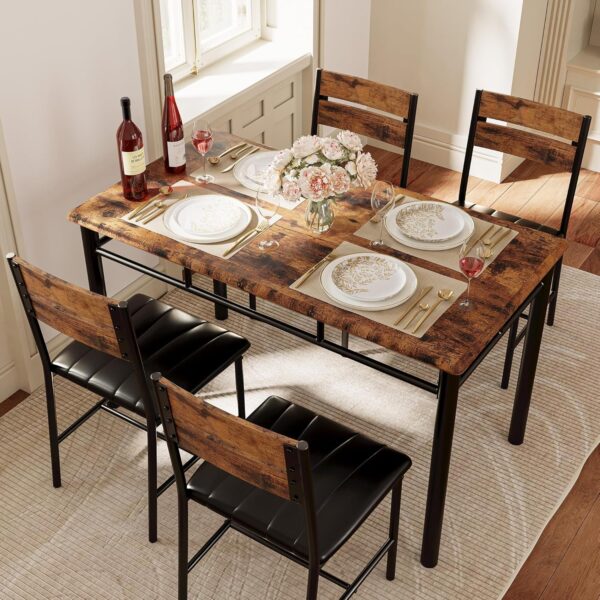 IRONCK Dining Table Set for 4, Wood Kitchen Table with Upholstered Chairs Dinning Table Set for Kitchen & Dining Room, Compact Dining Set for Small Spaces, Rustic Brown - Image 3