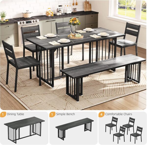 DWVO 6-Piece Dining Table Set for 6-8 People 63 Inch Kitchen Table Set with 2 Benches and 4 Chairs Farmhouse Rectangular Dining Room Table Set for Kitchen Dining Room Apartment Dark Grey - Image 5
