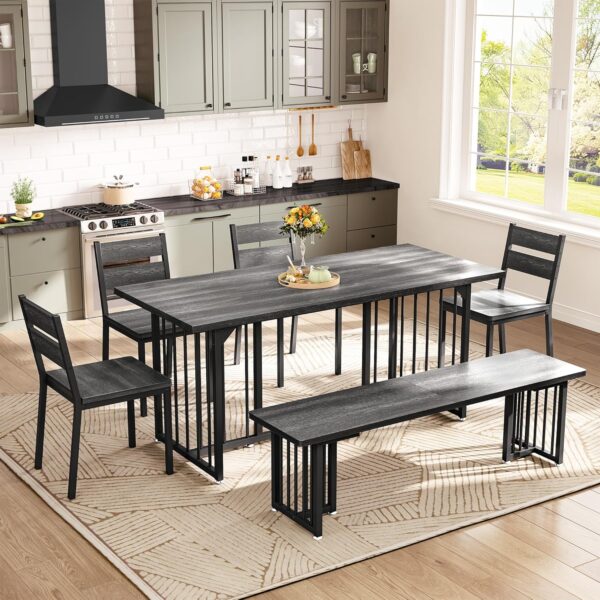 DWVO 6-Piece Dining Table Set for 6-8 People 63 Inch Kitchen Table Set with 2 Benches and 4 Chairs Farmhouse Rectangular Dining Room Table Set for Kitchen Dining Room Apartment Dark Grey - Image 6