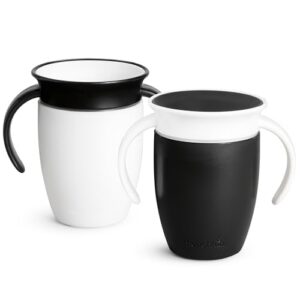 Munchkin Miracle 360 Sippy Cup for 6 Month Old, Spill Proof Baby and Toddler Cups with Transition Handles, 7 Ounce, 2 Pack, Black/White