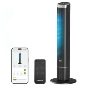 Pureborne 42” Tower Fan for Home Bedroom, 25dB Ultra-Quiet Sleep Mode, 25ft/s Smart Standing Fans, 90° Oscillating Floor Fan, Works with WiFi Voice Control, 4 Speeds 4 Modes, 12H Timer, Black, 1 Pack