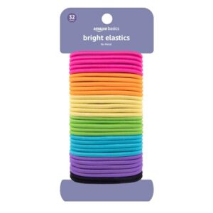 Amazon Basics No Damage Elastic Hair Ties, Ponytail Holders for Thick Hair, No Pull, Secure Hold, Snag-Free, Bright 4 MM Elastics for All Types, 32 Count