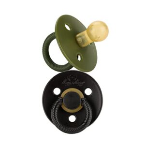 Itzy Ritzy Natural Rubber Newborn Pacifiers – Baby Pacifiers with BPA-Free Cherry-Shaped Nipple & Large Air Holes for Added Safety - Set of 2 Binkies in Camo & Midnight (Ages 0 – 6 Months)