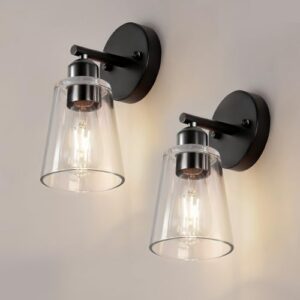 TALOYA 4 Inch Brushed Black Bathroom Light Fixtures with Thickend Clear Tapered Glass Shade, Set of 2 Modern Vanity Light Over Mirror for Bathrooms, Bedrooms (Bulbs Not Included)