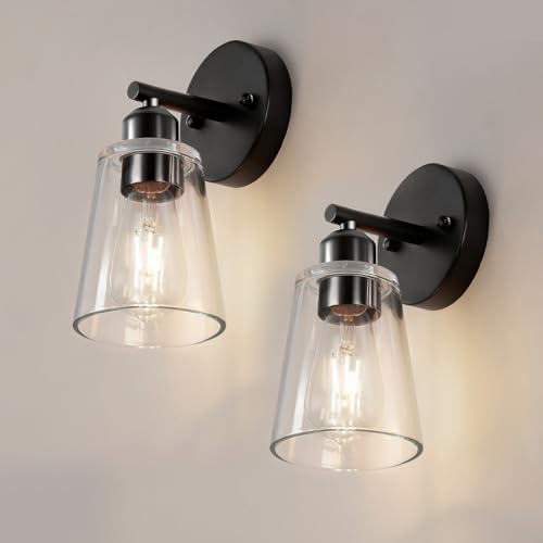 TALOYA 4 Inch Brushed Black Bathroom Light Fixtures with Thickend Clear Tapered Glass Shade, Set of 2 Modern Vanity Light Over Mirror for Bathrooms, Bedrooms (Bulbs Not Included)