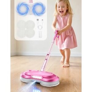 BLAXTEM Kids Electric Spray Spin Mop Toy, Rechargeable Cordless Electric Mop W/ Water Sprayer & LED Headlight for Children Girls & Boys, Cleaning Toy for Pretend Play (Pink)