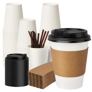 PACKINNO 12 oz 50 Pack Disposable Paper Coffee Cups with Lids, Sleeves and Straws, Disposable Hot Cups for Coffee, Tea, Cocoa, Water