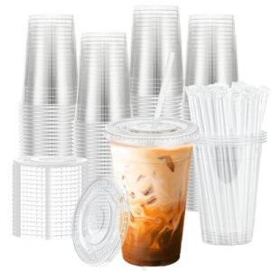 BYSNOW 20 oz 100 Pack Clear Plastic Cups with Lids and Straws, Disposable Iced Coffee Cups for Cold Drinks, Smoothies and To-Go Drinks