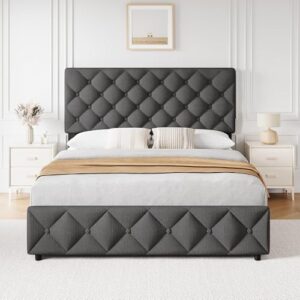 IDEALHOUSE Queen Size Bed Frame with 4 Drawers, Upholstered Platform Bed Frame with Headboard, Wooden Slat, No Box Spring Need, Grey