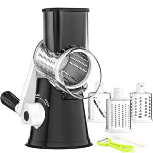 Ourokhome Rotary Cheese Grater Hand Crank, Kitchen Shredder Speed Mandolin Slicer Nuts Grinder with Handle and Drum Blades for Cheese, Vegetable, Walnut, Chocolate, Potato, Carrot, 3 Blades, Black