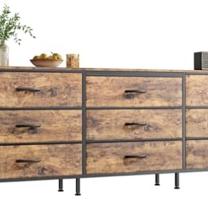 Huuger 63 Inch Dresser for Bedroom, Dresser for Closet with 9 Fabric Drawers, Large TV Stand for 55, 65, 70 Inch TV, Entertainment Center with Storage, Wide Long Chest of Drawers, Rustic Brown