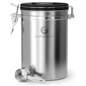 Coffee Gator Coffee Canister - 22oz, Airtight Stainless Steel Kitchen Food Storage Container with Date Tracker, Scoop for Grounds Coffee Bar Accessories, Beans, Tea, Sugar, Flour, Cereal - Silver