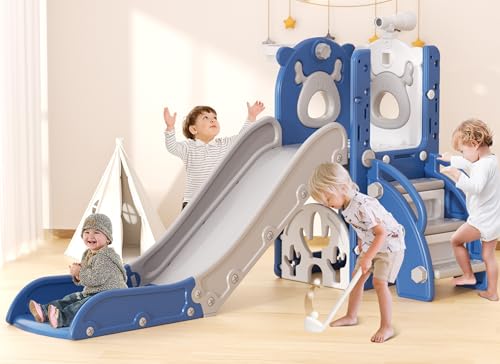 YUFU 7 in 1 Toddler Slide, Indoor Outdoor Playset for Kids 1-3, Blue Gray