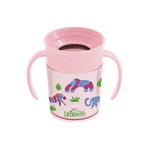 Dr. Brown's Milestones Cheers 360 Spoutless Transition Cup with Handles, Travel Friendly and Leak Free Sippy, Pink Animals, 7 oz/200 mL, BPA-Free, 6m+, 1-Pack