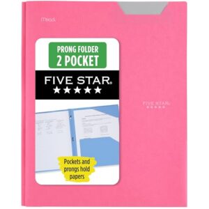 Five Star 2-Pocket Folder, Plastic Folder with Stay-Put Tabs and Prong Fasteners, Holds 8-1/2" x 11" Paper, Prom Pink (340300R)