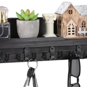 WeBravery Decorative Key Hanging Rack with 4 Double Hooks – Easy Install Natural Wooden Key and Mail Holder for Wall Mount – Entryway Decor Rack with Shelf (Carbon Black)