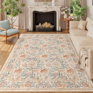 DUKINO 5x7 Area Rugs, Vintage Floral Washable Rug for Living Room, Beige