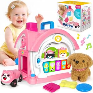Ellinjan Montessori Toys for 1 2 3 Year Old Girl Gifts, Baby Musical Toys 12 18+ Months, 10 in 1 Bilingual Learning Toy with Sound Light, Cute Toy with Plush Puppy, First Birthday for Toddlers