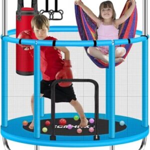 ZCMHAXJ 55" Trampoline for Kids with Enclosure, 440lbs Capacity Indoor & Outdoor Toddler Trampoline with Adjustable Gymnastics Bar & Toys, Gifts for Boys & Girls