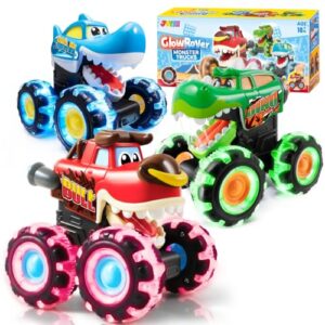 JOYIN 3 Pack Monster Truck Toy - Motion Activated Light Up Cars for Toddlers - Monster Glow Rover LED Wheels - Baby Boy Toys - Press and Go Dinosaur Trucks for Kids Boy Birthday Gifts