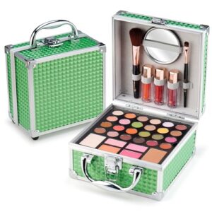 Color Nymph Beginner Makeup Kit For Teens With The Small Cosmetic Train Case Included 24-Colors Eyeshadow Palette Blushes Bronzer Highlighter Lipstick Brushes Mirror(Green)