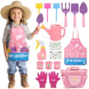 CUTE STONE Kids Gardening Set, Garden Toys with Metal Kids Rake, Shovel, Trowel, Watering Can, Gloves, Tote Bag, Gardening Kit for Toddlers, Outdoor Playset Spring Summer Toys for Girls Boys