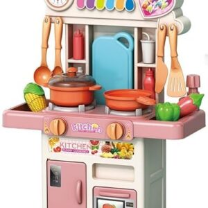 R REVA Mini Kitchen Playset for Kids Ages 3-8, 33PCS Compact Tabletop Pretend Play Cooking Set, 45cm Tall with Water Circulation Sink, Light & Sound Effects, Cookware & Food Accessories