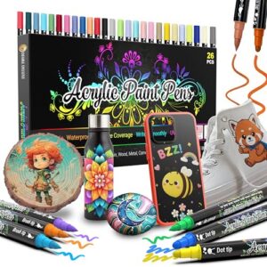 Desire Deluxe Acrylic Paint Pens for Rock Painting, Stone, Ceramic, Glass, Wood, Canvas – Set of 26 Non Toxic Water Based Markers - Great Artists Painting Supplies (Dual Tip Multicolor, 26)