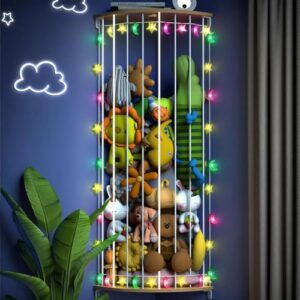 Happnear 2025 Corner Stuffed Animals Storage with Light Adjustable Wood Stuffed Animal Holder with Star Pattern Wall Plush Toy Storage for Boys&Girls Bedroom Decor (80 inch)