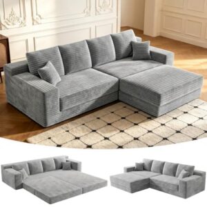 YMPSLGI 106" Modular Boneless Couch, Corduroy Convertible Sofa Bed, Grey