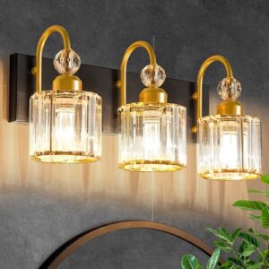 DIAMONDFORGE Bathroom Vanity Light Fixtures Over Mirror, Makeup Lighting for Modern Wall, Bath, Desk, Farmhouse, Hallway, 3 Crystal Lights, Black Gold