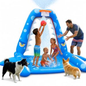 JOSEN Sprinkler for Kids Outdoor Play, Giant Inflatable Shark Water Toys Splash Pad with Basketball Hoop, Fun Sprinkler Summer Outdoor Game for 3-8 Years Old Children Boys Girls Birthday Gift