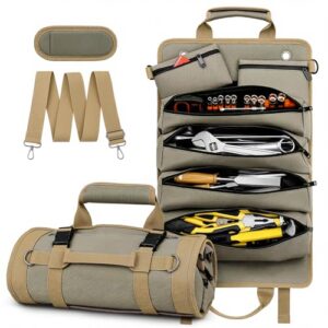 Tool Roll Up Bag, 1680D Heavy Duty Tool Bag Organizer with 2 Detachable Tool Pouches & Multiple Pockets, Waterproof Motorcycle Tool Roll for Mechanic & Electrician, Gift for Men Him Dad, 21.9"*13.8"