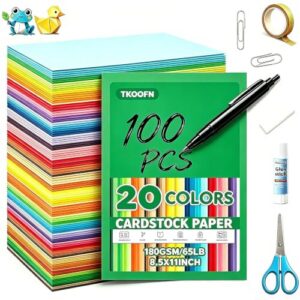 100 Sheets 8.5x11 Colored Cardstock, 20 Assorted Colors 180GSM/65LB Scrapbook Construction Paper Craft Card Stock Printer Paper for Crafts, Card Making & School Supplies