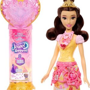 Mattel Disney Princess Belle Fashion Doll & Accessories with 8 Surprises, Including Heart Gem Box, Ring for Child & 9 Pieces, Inspired by Movie