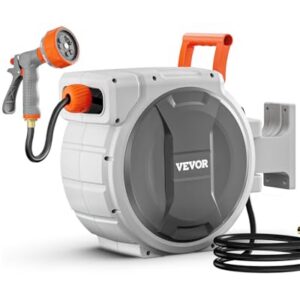 VEVOR Retractable Garden Hose Reel, 1/2 Inch x 84 ft Wall Mounted Heavy Duty Garden Hose Reel with 9 Patterns Nozzle, Any Length Lock, Upgraded Slow Return System and 180°Swivel Bracket