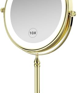 DOWRY 4000 mAh Rechargeable Lighted Makeup Mirror 10x Magnification Vanity Mirror Tabletop Two-Sided Swivel Gifts for Women Wife Mom Teengirls Mothers Day Gold Finish