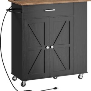 CHOEZON Kitchen Island Cart with Storage, Bar Cart with Charging Station, Kitchen Island on Wheels, Rolling Mobile Table with Cabinet, 3 AC Outlets, Black and Walnut MZD04UBL