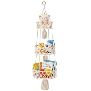 3-Tier Macrame Hanging Basket for Fruit & Vegetables - Boho Cotton Rope Woven Storage Organizer | Decorative Farmhouse Kitchen, Pantry, Living Room Shelf
