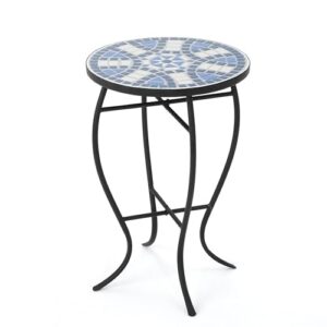 Christopher Knight Home Han Outdoor Ceramic Tile Side Table with Iron Frame, Blue / White