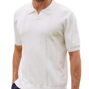 Kallspin Mens Cotton Polo Shirt Short Sleeve V Neck Cable Knit Textured Pullover Summer Resort Travel Beach Casual Top (White, XL)