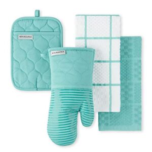 KITCHENAID Quilted Cotton Terry Cloth Oven Mitt, Pot Holder, Kitchen Towel 4-Pack Set, Heat Resistant, Silicone Grip, 16"x26", 7"x13" & 7"x10", Aqua Sky