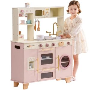 ROBOTIME Wooden Play Kitchen for Kids, Pink, Ages 3+