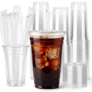 SAEUYVB 100 Pack 20oz Clear Plastic Cups with Lids and Straws