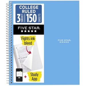 Five Star Spiral Notebook + Study App, 3 Subject, College Ruled Paper, 8.5" x 11", 150 Sheets, Blue (Color May Vary) (820003NH0)