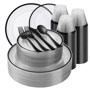 Beststar 350PCS Black and Clear Plastic Dinnerware Sets for 50 Guests,