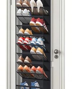 Soarine 12 Tier Over the Door Shoe Organizer for Closet, Holds 24 Pairs Hanging Shoe Rack for Door with Mesh Pockets, Narrow Shoe Holder Hanger for Sneakers, Boots (Black)