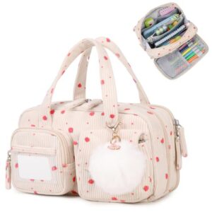 Pencil Case Corduroy Multiple Compartments Pouch Bag for Girl, Strawberry